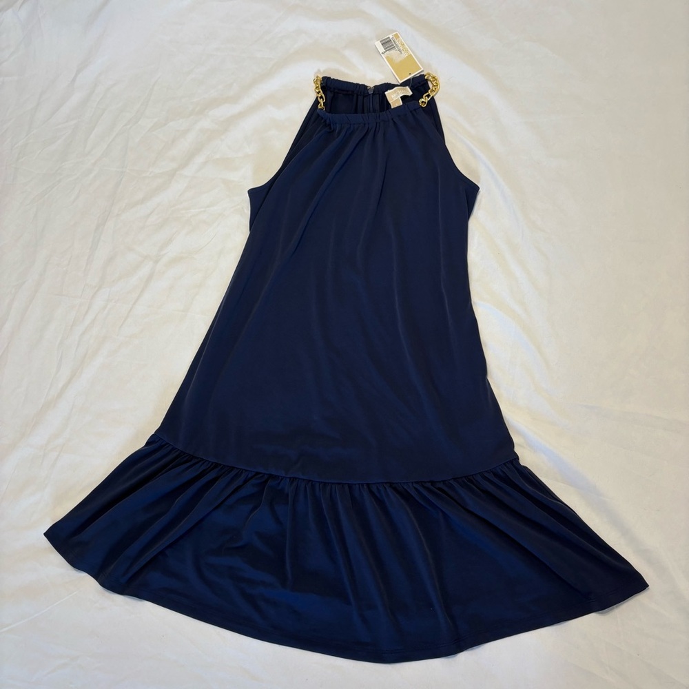 NWT Michael Kors Elegant Navy Blue Dress with Gold Chain Detail